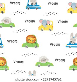 Children's vector pattern. Cute animals driving cars. Vroom inscriptions. Lion cub, hare, elephant, sheep