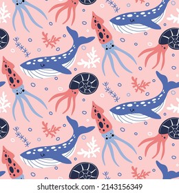 Children's vector pattern with cute squid, whales, algae hand-drawn on a pink background. Ideal for the design of children's clothing, wallpaper, packaging paper. Children's illustration.
