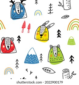 Childrens vector pattern with funny animals in the forest in scandinavian style