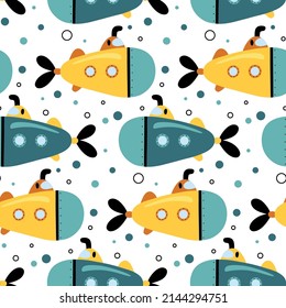 Children's vector pattern with funny hand-drawn boats on a white background. Ideal for the design of children's clothing, wallpaper, packaging paper. Children's illustration.