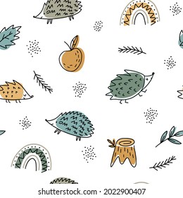 Children's vector pattern with funny hedgehogs in the forest with a rainbow