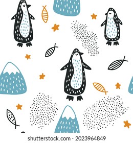 Children's vector pattern with funny penguins scandinavian style