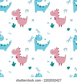 children's vector pattern: pink and blue dinosaurs on a white background.
