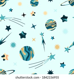 Children's vector pattern with planets and stars on a colored background. Space. Children's illustration for fabrics, gifts, toys, postcards, packaging paper.