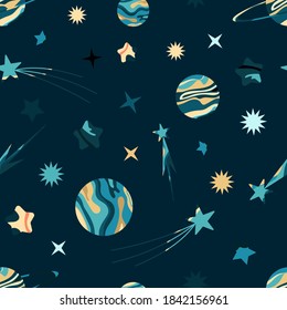 Children's vector pattern with planets and stars on a colored background. Space. Children's illustration for fabrics, gifts, toys, postcards, packaging paper.