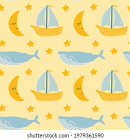 Children's vector pattern with a ship, crescent moon, whales and stars on a light yellow background. Cute seamless illustration for printing prints on fabric, gift packaging, children's wallpaper, etc