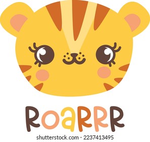 Children's vector print for clothes. Cute tiger cub, wild cat, Roar Lettering