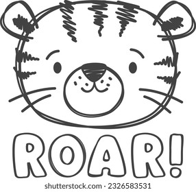 Children's vector print for clothes. A cute hand-drawn tiger cub face. Children's drawing with a marker pen, Roar Lettering