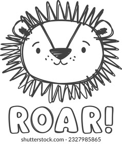 Impresión vectorial infantil para ropa. Una linda cara de tigre dibujada a mano. Dibujo para niños con un lápiz de marcadores, Letras ruares