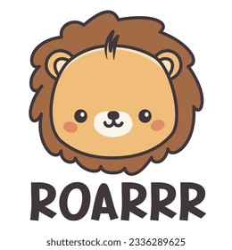 Children's vector print for clothes. Cute lion cub, Roar Lettering