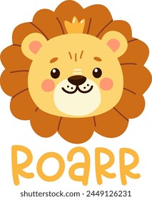 Children's vector print for clothes. Cute lion cub, Roar Lettering