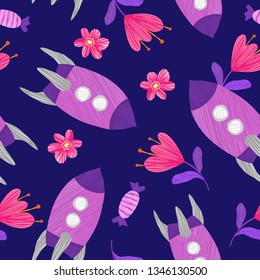 Children's vector seamless background for photozone, wallpaper or posters and cards. Cartoon rockets and floral elmenets.