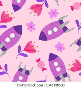 Children's vector seamless background for photozone, wallpaper or posters and cards. Cartoon rockets and floral elmenets.
