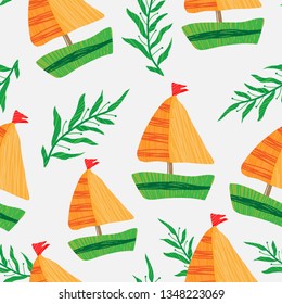 Children's vector seamless background for photozone, wallpaper or posters and cards. Cartoon ships and floral elmenets.