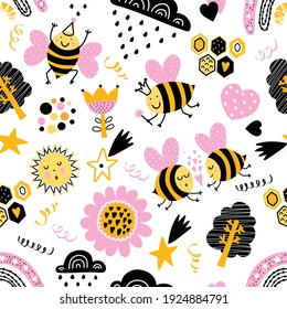 Children's vector seamless pattern with bees, rainbows, stars and flowers. Endless pattern can be used for ceramic tile, wallpaper, linoleum, textile, web page background
