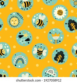 Children's vector seamless pattern with bees, rainbows, stars and flowers. Endless pattern can be used for ceramic tile, wallpaper, linoleum, textile, web page background