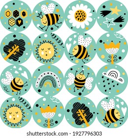 Children's vector seamless pattern with bees, rainbows, stars and flowers. Endless pattern can be used for ceramic tile, wallpaper, linoleum, textile, web page background
