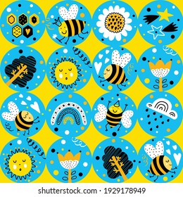 Children's vector seamless pattern with bees, rainbows, stars and flowers. Endless pattern can be used for ceramic tile, wallpaper, linoleum, textile, web page background