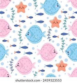 Children's vector seamless pattern with cute cartoon fish. Marine animals, ocean fish. Perfect for baby bedding, wallpaper, wrapping paper, fabric, textiles, T-shirt prints