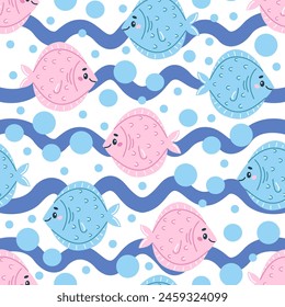 Children's vector seamless pattern with cute funny fish on the background of abstract blue waves. Ideal for baby bedding, wallpaper, wrapping paper, fabric, textiles, T-shirt prints