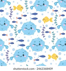 Children's vector seamless pattern with a cute ball fish (blowfish). Marine and ocean fish. Ideal for baby bedding, wallpaper, wrapping paper, fabric, textiles, T-shirt prints