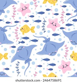 Patrón sin fisuras del Vector de los niños con la raya del mar de la historieta linda y el pescado. Animales marinos, peces del océano. Perfecto para ropa de cama de bebé, Fondo de pantalla, papel de embalaje, tela, textiles, estampados de camisetas