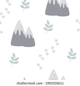 Childrens vector seamless pattern with mountains and flora elements. Creative background for fabric, textile