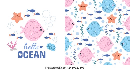 Children's vector seamless pattern and postcard with cute cartoon fish. Marine animals, ocean fish. Perfect for baby bedding, wallpaper, wrapping paper, fabric, textiles, T-shirt prints