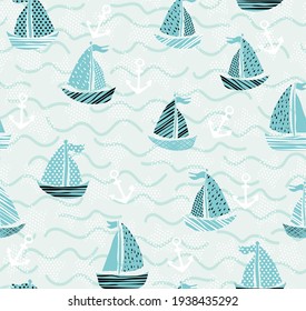 Children's vector seamless pattern with ships, sailboats, anchors and other marine elements. Background on the theme of travel, vacation, adventure. Blue nautical pattern for textiles and typography