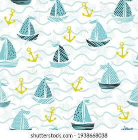 Children's vector seamless pattern with ships, sailboats, anchors and other marine elements. Background on the theme of travel, vacation, adventure. Blue nautical pattern for textiles and typography