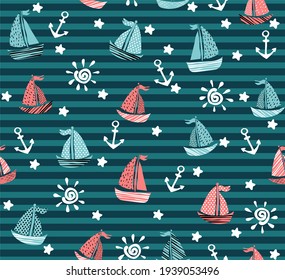 Children's vector seamless pattern with ships, sailboats, anchors and other marine elements. Background on the theme of travel, vacation, adventure. Blue nautical pattern for textiles and typography