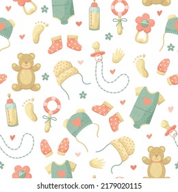 Children's vector seamless pattern with things for newborn babies.