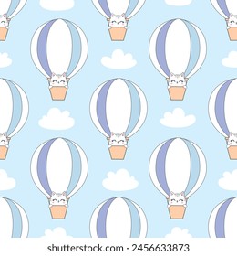 Children's vector seamless pattern with vintage balloons and a cat on a sky background. A pretty Scandinavian-style face. For children's textiles, wallpapers, fabrics, clothes, packaging