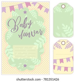 Children's vector set for the birth of a child. Baby Shower, tags, garland, postcard, sticker, happy