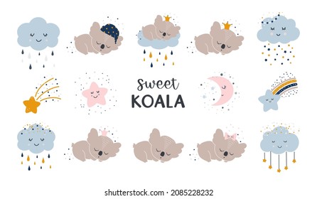 Childrens vector set with cute sleeping animals. Koala, stars, clouds with drops and the moon. Vector funny animal printable for children s. Creative childrens prints on fabrics textiles wallpapers.