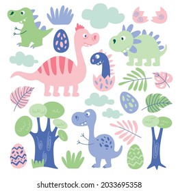 Children's vector set with pink, green and purple dinosaurs, trees, plants and dinosaur eggs with geometric patterns. To create patterns for packaging, gift paper, children's clothing and accessories 