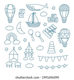 Children's vector set of toys, balloons, ships, whales, rattles, garlands, clouds and stars. Set in the doodle style for creating prints and printing on fabrics, clothing, packaging, etc.