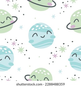 Children's vector space pattern. Smiling planets Saturn and Venus, stars. Pattern on white background for children's products 