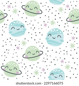 Children's vector space pattern. Smiling planets Saturn and Venus, stars. Pattern on white background for children's products 