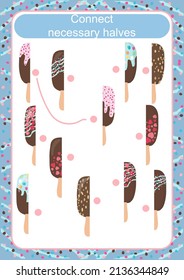 Plantilla vectorial infantil para espectáculos de cumpleaños. Conecte las mitades deseadas de la pala de chocolate.