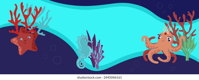 Children's vector turquoise background with sea animals and corals. An octopus, a starfish, and a seahorse will become cute helpers for your creative projects.