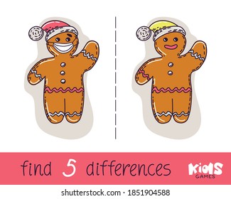Children's visual puzzle: find five differences. Puzzle game with a gingerbread man. Vector.