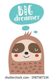 Childrens wall posters kids nursery design. Downloadable art prints cute lazy sloth on white background. Vector illustration.