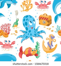 Children's wallpaper. Animals cartoon. Sea life seamless pattern. Fishes vector background. 