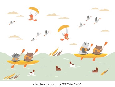 Children's wallpaper: capybaras and a panda are kayaking on the river, geese are flying, ducks are swimming, fox skydivers are flying.