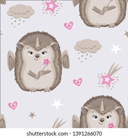 Children's wallpaper cute hedgehog. Cute animals seamless pattern. Children's background unicorn. Unicorn seamless pattern. Magic unicorn cartoon. Animals cartoon 