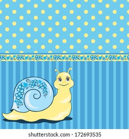 Children's wallpaper with the cute snail, dots and stripes. Vector Illustration