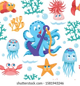 Children's wallpaper. Fish cartoon. Sea life seamless pattern. Fishes vector background. 