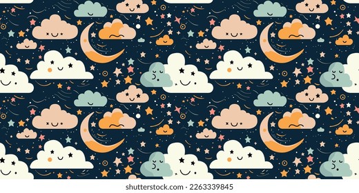 Children's wallpaper made of clouds with faces, stars and the moon. Heaven for printing on the surface, fabric, wallpaper, notebooks, packaging, clothes, pillows.