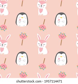 children's wallpaper, a pattern with a cute rabbit, penguin, lollipop.  for children's room, notebooks, print for packaging paper. children's style.